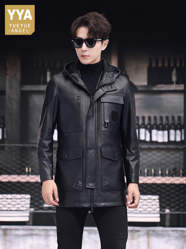 Leather Work Jacket With Hood - Inverno negócios homens trabalho meados de