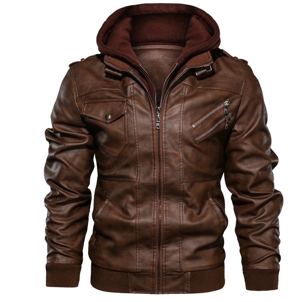 Leather Work Jacket With Hood - Casacos Masculinos com Capuz, Jaquetas PU,
