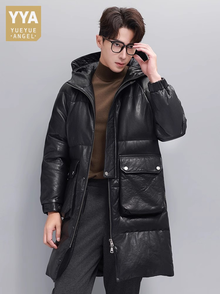 Leather Work Jacket With Hood - Inverno dos homens quente ganso para