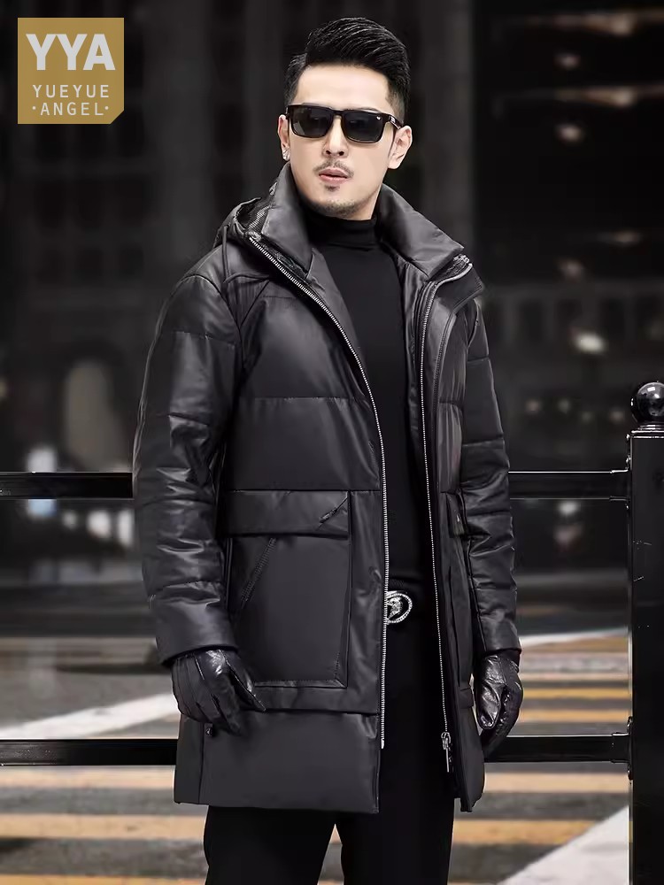 Leather Work Jacket With Hood - Inverno masculino grosso quente branco ganso