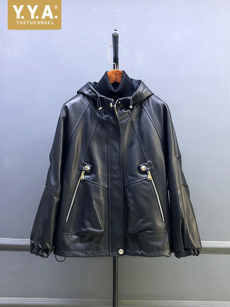 Leather Work Jacket With Hood - Jaqueta Curta Feminina de Couro Genuíno