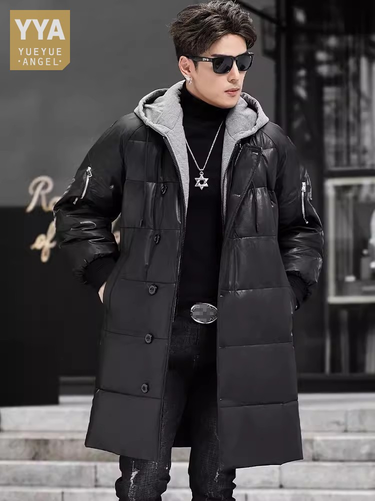 Leather Work Jacket With Hood - Inverno novos homens com capuz longo