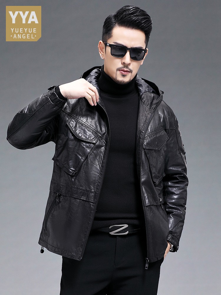 Leather Work Jacket With Hood - Inverno masculino quente real pele de