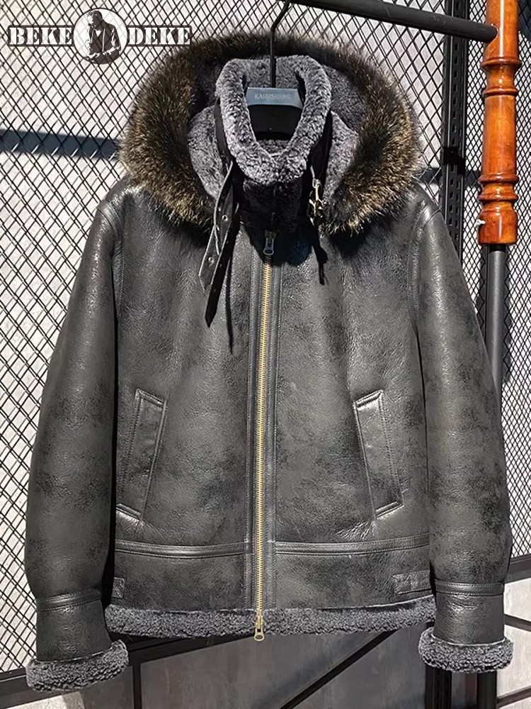 Leather Work Jacket With Hood - Jaqueta Masculina de Couro Genuíno com