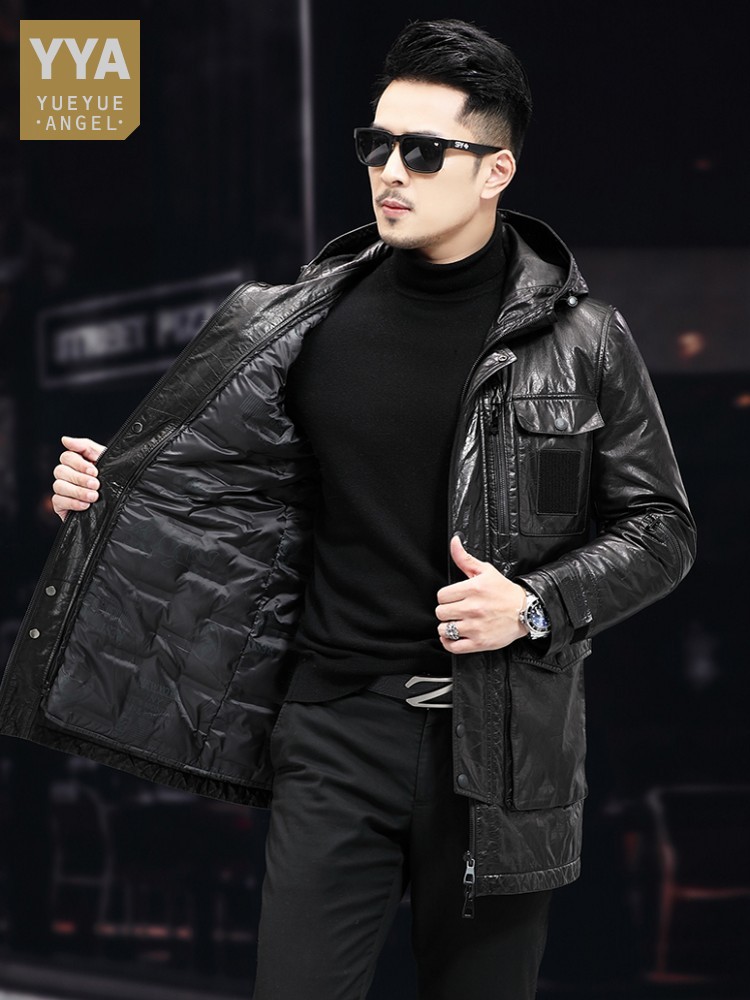 Homens inverno quente meados d - Leather Work Jacket With Hood avaliação e preço
