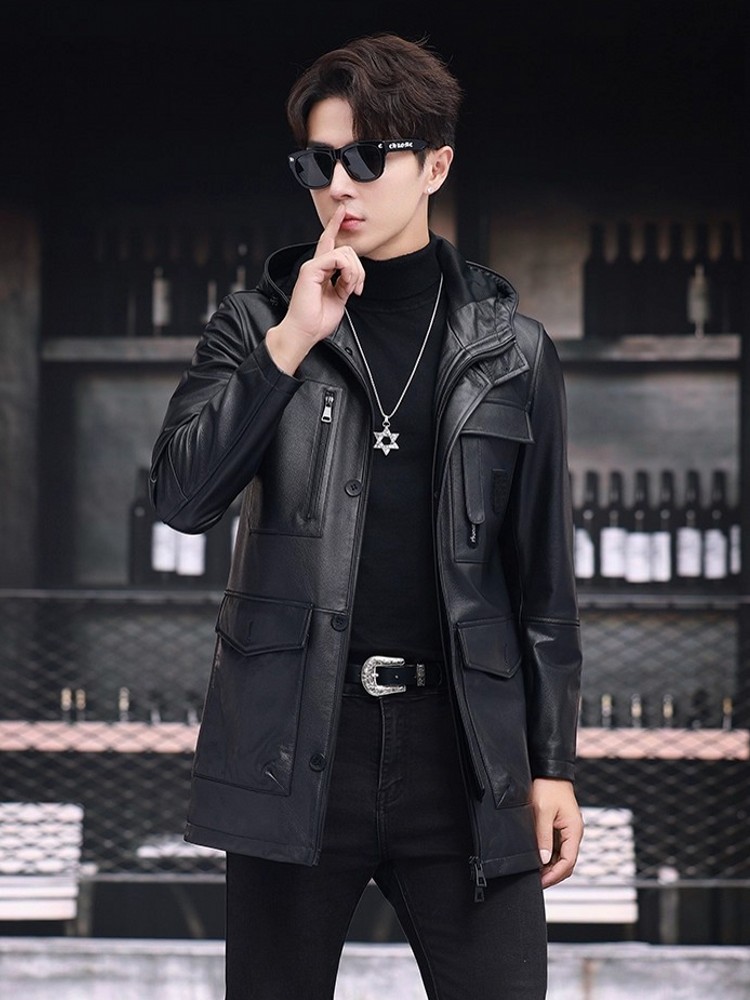 Inverno negócios homens trabal - Leather Work Jacket With Hood avaliação e preço