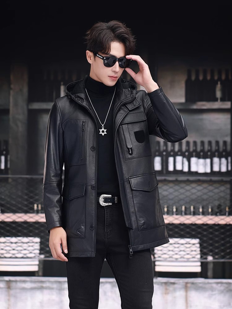 Inverno negócios homens trabal - Leather Work Jacket With Hood avaliação e preço