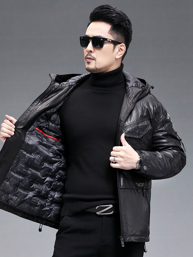 Inverno masculino quente real  - Leather Work Jacket With Hood avaliação e preço