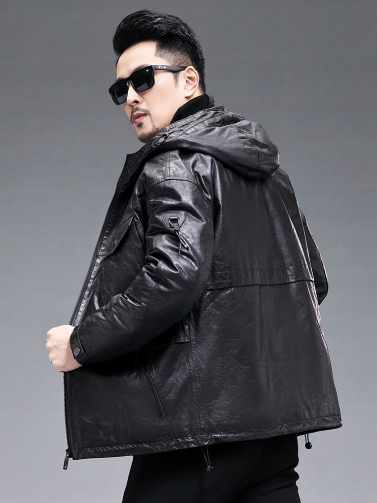 Inverno masculino quente real  - Leather Work Jacket With Hood avaliação e preço