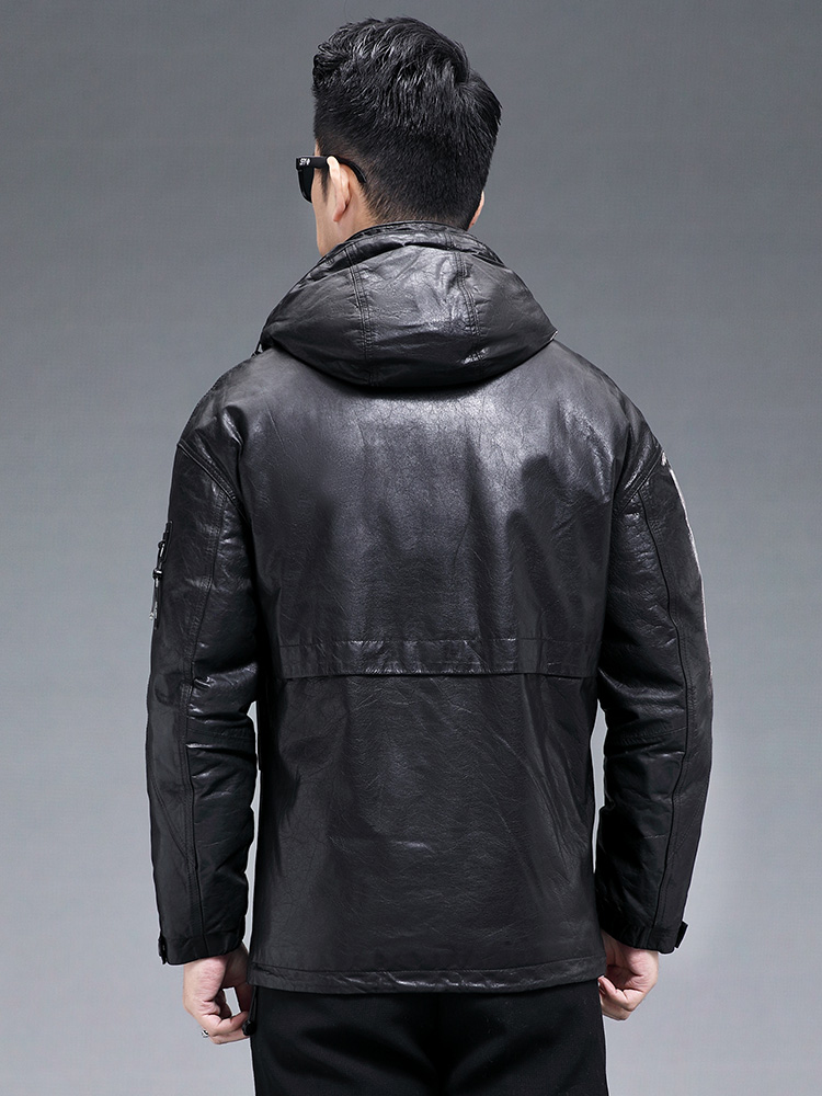 Inverno masculino quente real  - Leather Work Jacket With Hood avaliação e preço